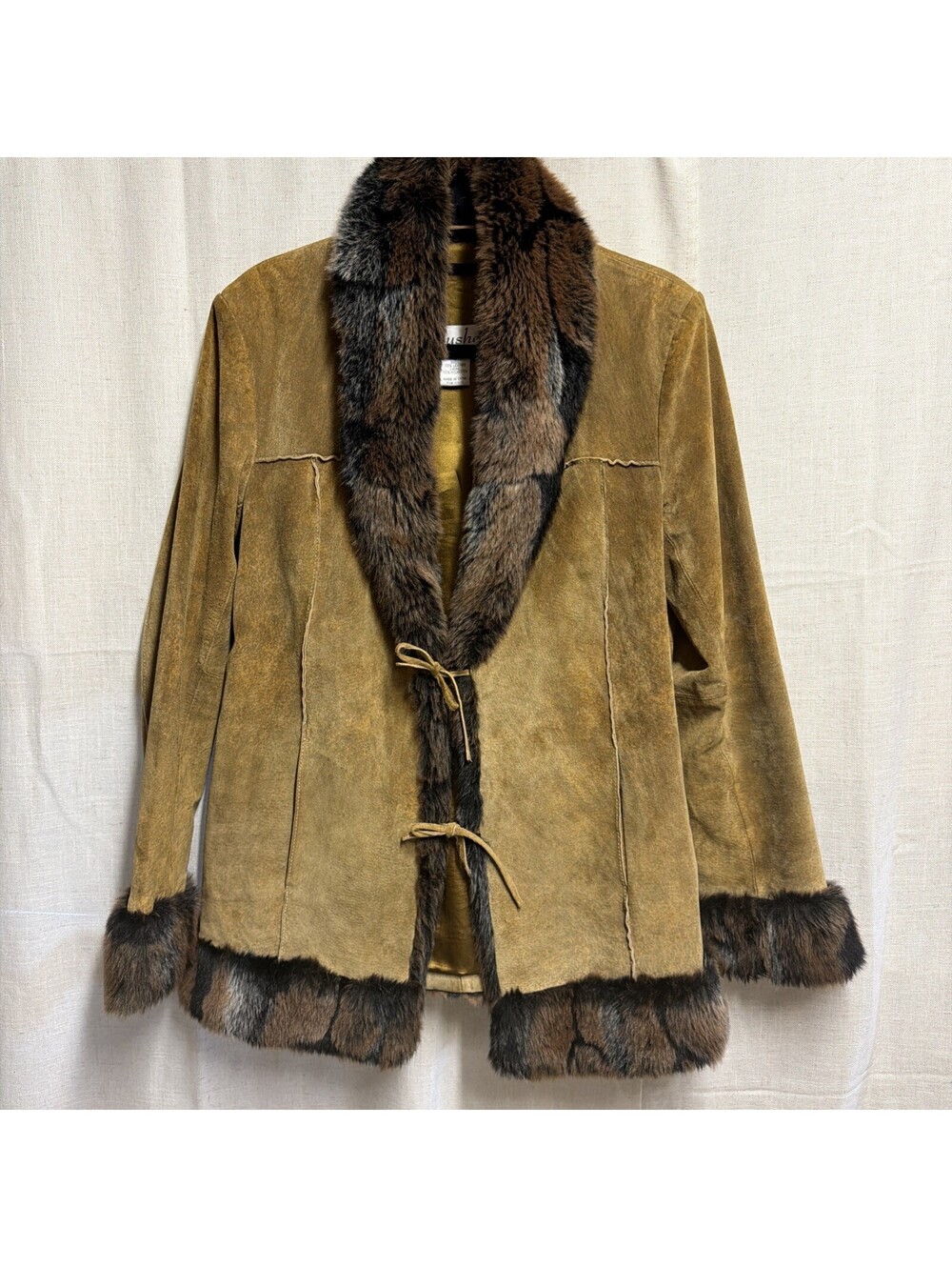 Blushe Impressions Womens Tan Leather Faux Fur Trim Jacket Size 8